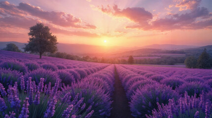 Picturesque colorful floral atmosphere. Beautiful panoramic view French blooming scenic at sunset. Sunset violet lavender flower field in Provence, France, Valensole. Summer nature amazing landscape
