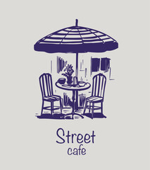 Street European Cafe, Hand Drawn Illustration Sketch, Monochrome