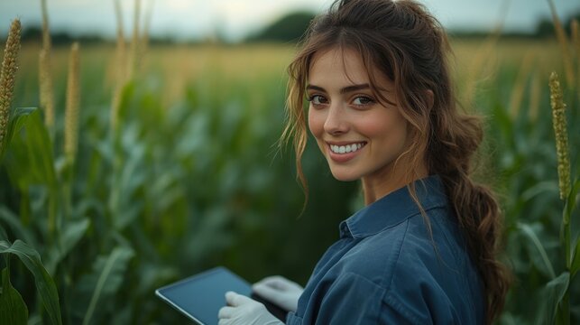 Smiling female farmer using tablet in cornfield