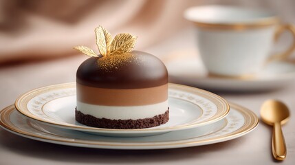 Macro illustration of a luxury chocolate mousse dessert topped with gold leaf, on fine porcelain plate