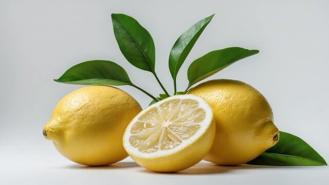 Isolated lemon fruit with leaf. Half lemon, slices, and leaves on a backdrop. Lemon slices with zest separated.