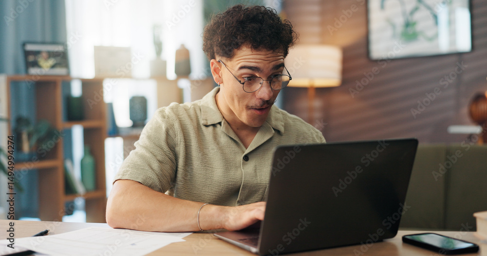 Poster remote work from home, surprise and man with laptop, email notification and feedback for proposal. p