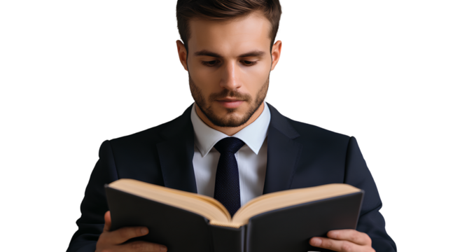 A handsome man in a suit is reading an open book, with a transparent background and a PNG cutout with white borders on the edges of the sticker design. - Powered by Adobe