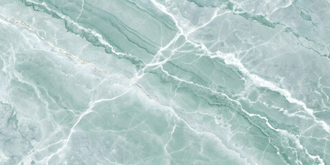 Fototapeta premium Seafoam green marble with subtle diagonal veining. White streaks and occasional gold accents traverse the stone, showcasing natural geological formations across the polished surface