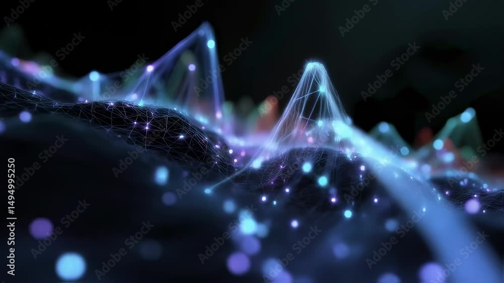 Poster an intricate 3d terplot materializes above a glowing surface as iridescent data points stream in and