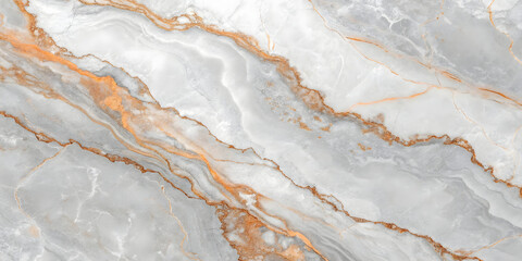 Pearlescent white marble with vibrant orange-gold veining. Dramatic metallic inclusions create bold contrast against the luminous background.