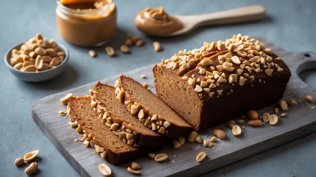 Loaf cake slices on a wooden cutting board. Homemade cake with peanut butter, peanut flour, and cinnamon, topped with chopped nuts. Aerial perspective. Empty area.