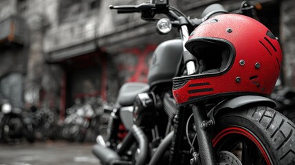 Bold Motorcycle Close-Up with Red Helmet and Urban Backdrop, monochrome style
