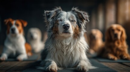 Serene australian shepherd in yoga pose with other dogs background indoor