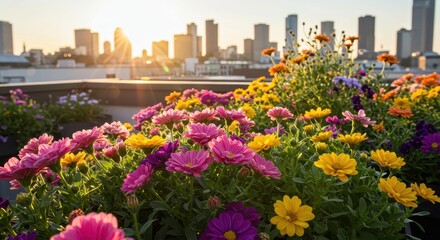 Vibrant Colorful Flowers Blooming on Rooftop with City Skyline in Background during Sunset, Urban Gardening in Cityscape