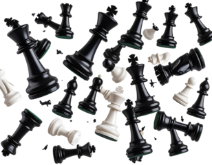 Scattered Black and White Chess Pieces Falling – Strategy Concept PNG