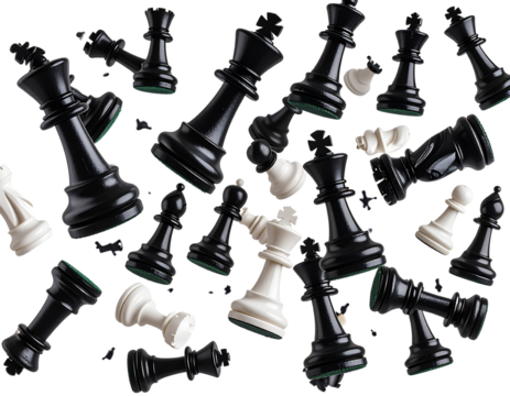 Scattered Black and White Chess Pieces Falling – Strategy Concept PNG