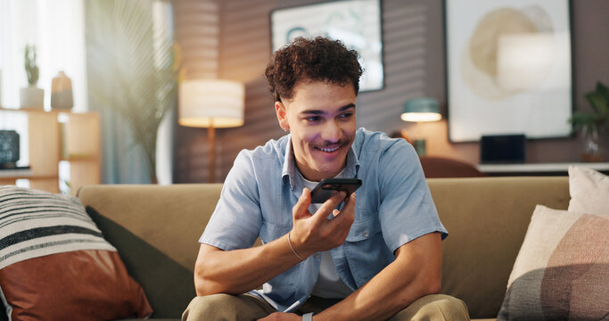 Speaker phone, smile and man in home for communication, story and recording audio message for news. Voice note, mobile and person on sofa for call with contact, talking and question for ai assistant