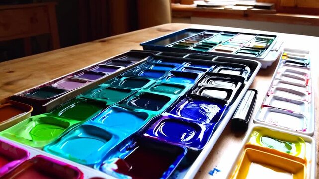 Watercolor paint trays on a wooden table, filled with rainbow colors, art studio supplies, ready to mix for painting, artistic concept, close up