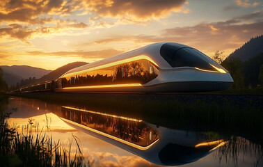 Futuristic high speed train journey at scenic sunset reflected in lake waters