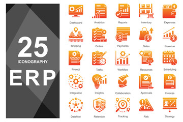 Gradient orange ERP glyph icons for dashboards.       