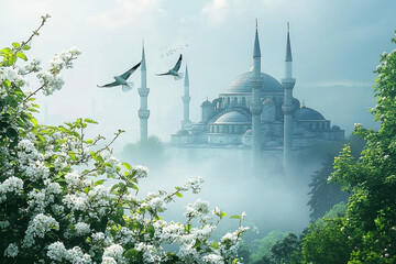 Ethereal mosque rising above the fog, framed by blossoming white flowers