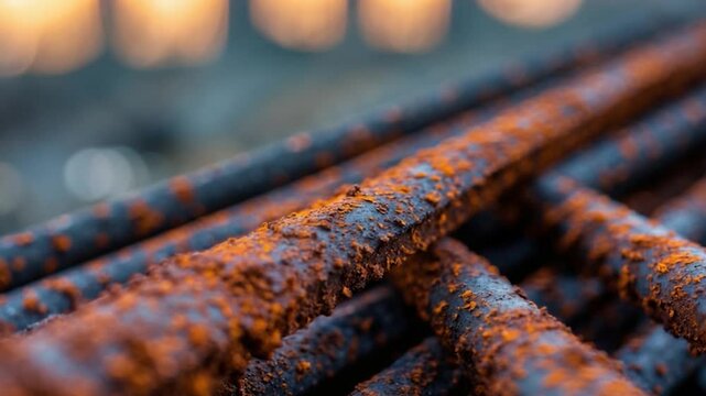 Detailed view of corroded construction rebar. Rust affects visible metal.