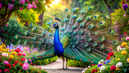 Obraz premium Peacock with fully spread tail feathers, vibrant colors, garden settingPeacock with fully spread tail feathers, vibrant colors, garden setting