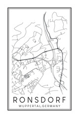 Hand drawn printable downtown road map poster of borough RONSDORF of the German city of WUPPERTAL on solid white background with city name