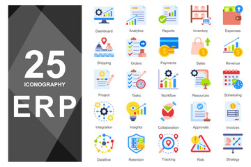Flat ERP icons for business apps and dashboards.      