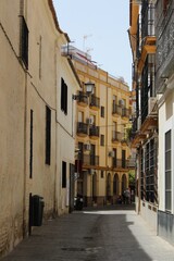 Fototapeta premium Charming Seville Street Scene – Historic Architecture and Local Life