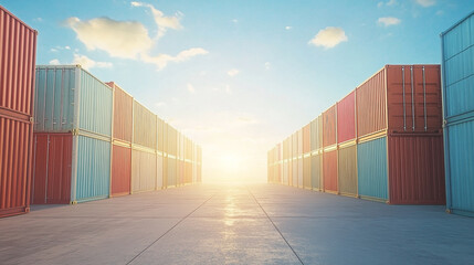 Sunlit Pathway Between Stacks of Colorful Shipping Containers at a Depot