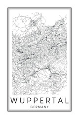 Obraz premium Hand drawn printable downtown road map poster of the German city of WUPPERTAL on solid white background with city name