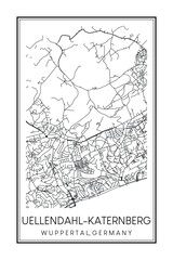 Obraz premium Hand drawn printable downtown road map poster of borough UELLENDAHL-KATERNBERG of the German city of WUPPERTAL on solid white background with city name