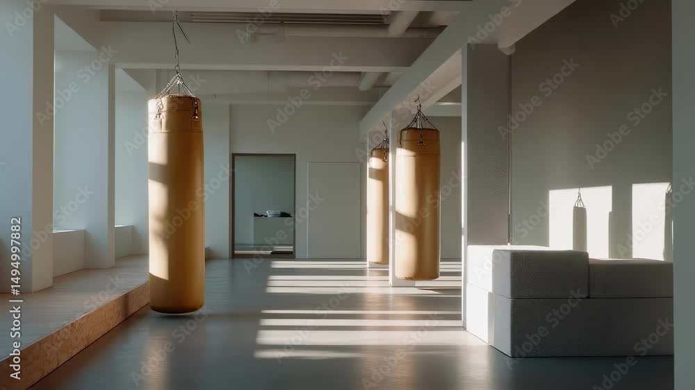 Poster sunlight streaming into modern minimalist gym, illuminating leather punching bags and casting elonga