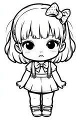 Adorable Anime Girl Cute Cartoon Character Line Art Illustration Black and White Kawaii Style