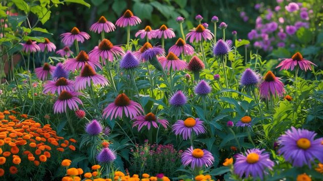 Wildflower bed bursting with colors, showcasing pink cone flowers, echinops, globe thistles, and more.