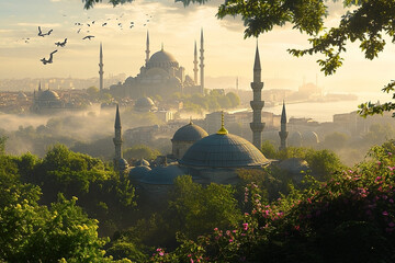 Majestic mosques rise above the vibrant green landscape in Istanbul's embrace