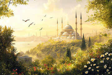 Idyllic Istanbul vista: Majestic mosque amid flowering meadows in serene light