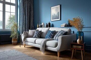 Elegant living room interior design with blue wall and comfortable sofa