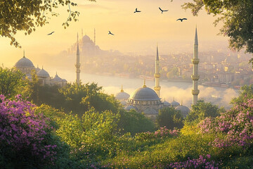 Golden hour illuminates Istanbul's historic skyline with flowering foregrounds