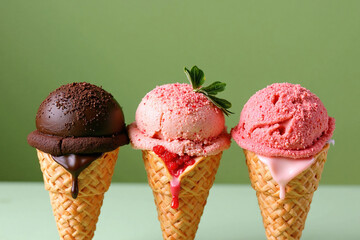 Three ice cream cones stand in a row, each with a different flavor and color: chocolate, strawberry, and raspberry.