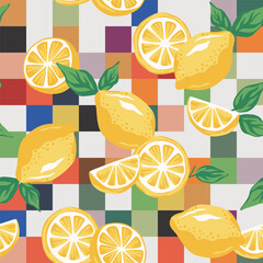 Yellow lemons fruit seamless pattern, abstract background. Summer wallpaper.