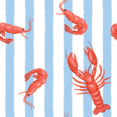 Lobster, shrimp seamless pattern, blue stripe background. Summer Italy wallpaper.