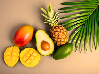 Avocado, mango and pineapple with green palm leaves isolated on white - food background of tropical fruits with copy space. The concept of healthy eating.