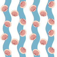 Seashell seamless pattern, blue wave background. Summer wallpaper.