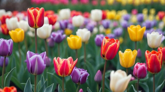 Lovely panoramic display of tulip blooms in a floral landscape, decoration.