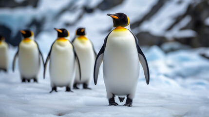 Fototapeta premium Distinctive emperor penguins standing on the ice