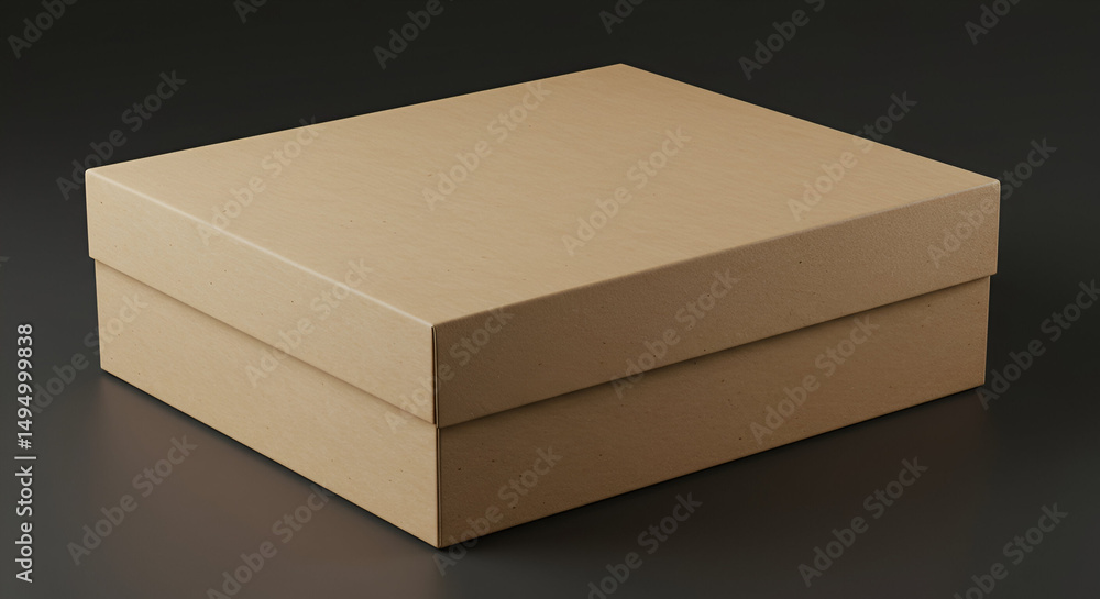 Poster kraft paper box resting on a dark surface. empty box in a neutral position with a studio backdrop. p