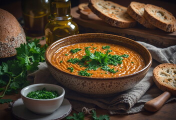 A rustic bowl of tomato soup sits on a wooden table, garnished with herbs and accompanied by crusty bread and olive oil.
