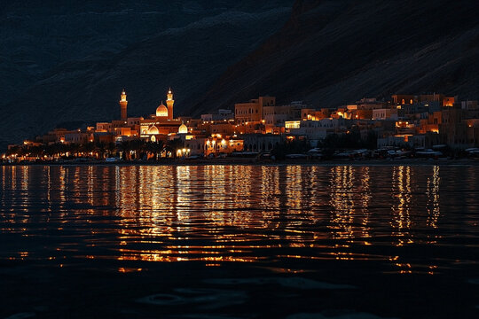 Serene waters reflect a tranquil illuminated arabic coastal settlement