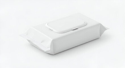Fototapeta premium Blank white packaging for disposable wipes with a clear plastic lid. Product packaging mockup for wipes with a focus on brand design and visual appeal for use in advertising and editorial.