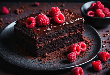 A rich chocolate brownie, topped with raspberries and a chocolate glaze, sits on a dark plate with cocoa  - Generative AI