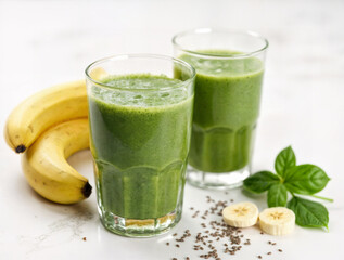 Glasses of fresh spinach smoothie with spinach, bananas and chia seeds on white background