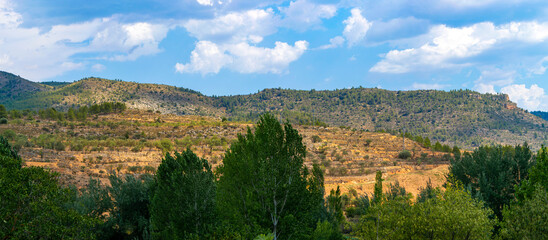 Beautiful mountain panorama with trees in the foreground and a few ancient "bancales" terraced fields in the distance. Rural scene in Rincón de Ademuz, Spain